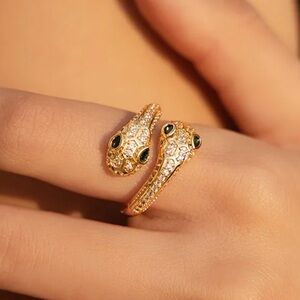 Gold Snake Head Wrap Ring with Green Eyes